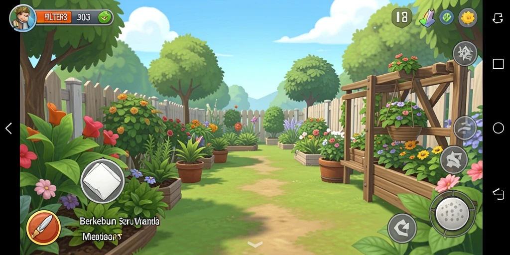 Gameplay FILTER303 menampilkan kebun yang subur dan indah.
