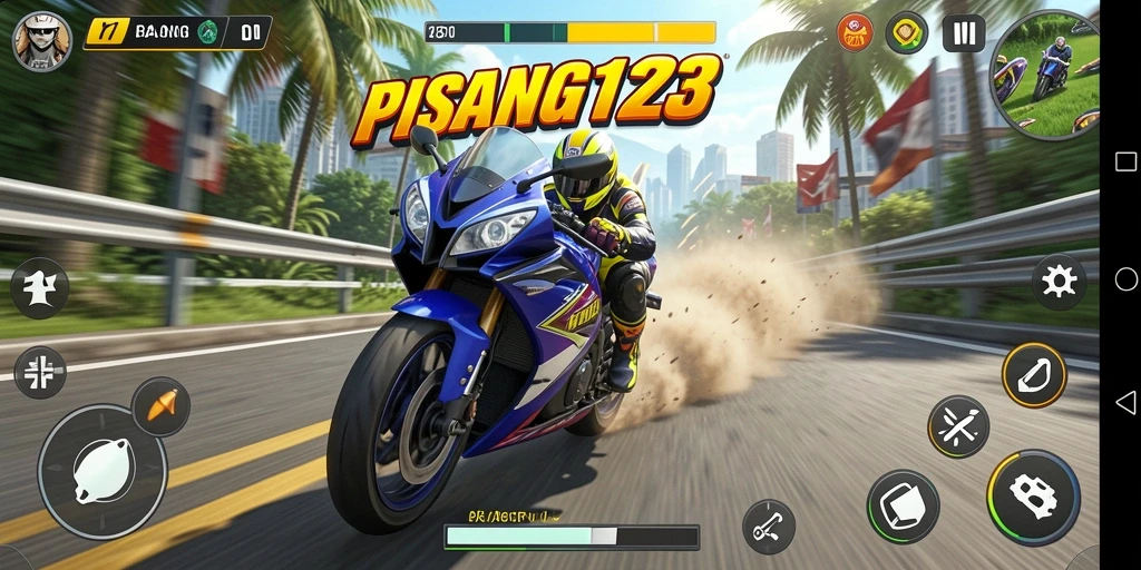 Screenshot PISANG123 menampilkan aksi balapan motor yang seru dan menegangkan.